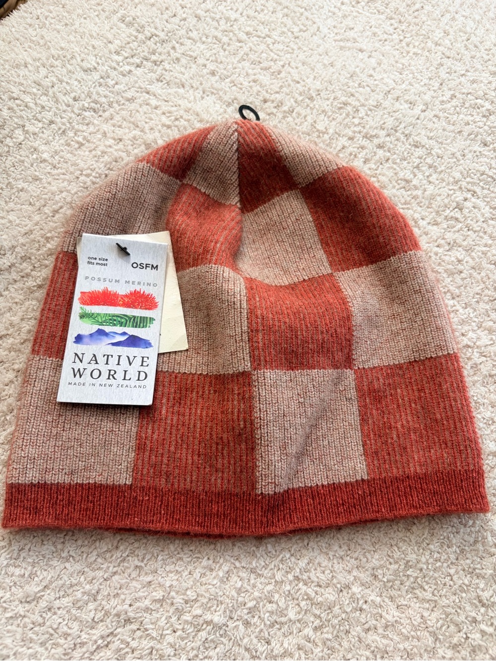 Women's Checkerboard Beanie in Rust & Tan